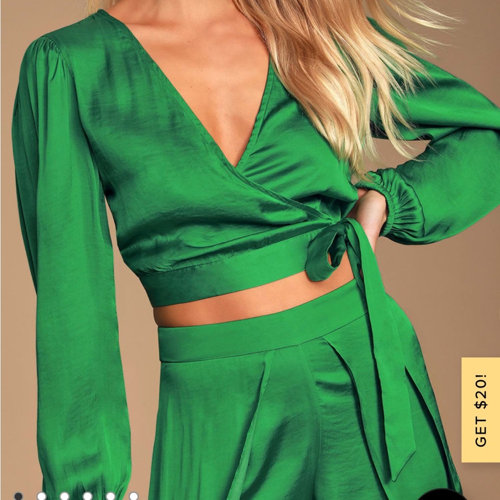 Elena Green Satin Long Sleeve Wrap Crop Top